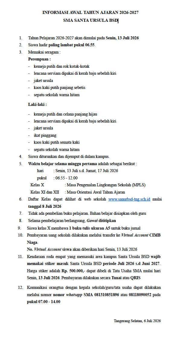 INFORMASI AWAL TAHUN AJARAN 2026-2027 SMA SANTA URSULA BSD