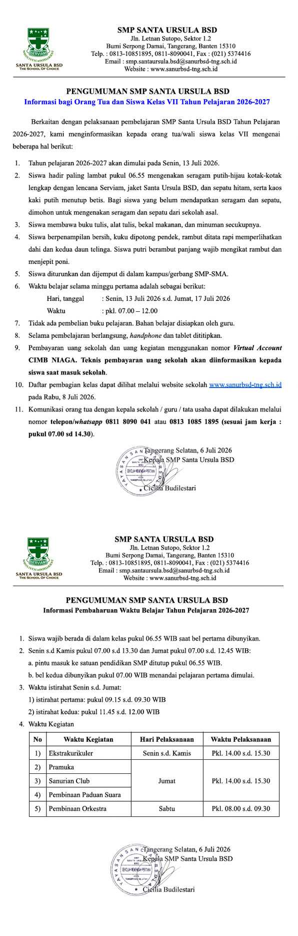 PENGUMUMAN SMP SANTA URSULA BSD KELAS VII