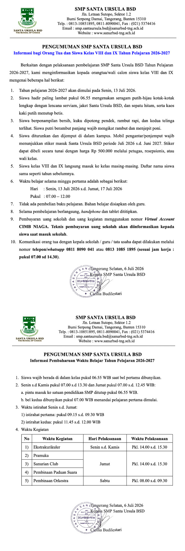 PENGUMUMAN SMP SANTA URSULA BSD KELAS VIII DAN IX