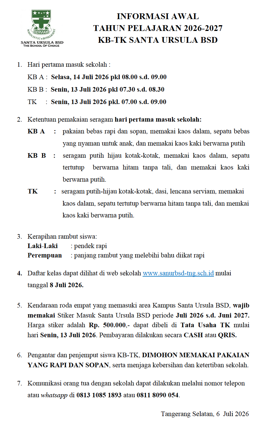 INFORMASI AWAL TAHUN PELAJARAN 2026-2027 KB-TK SANTA URSULA BSD